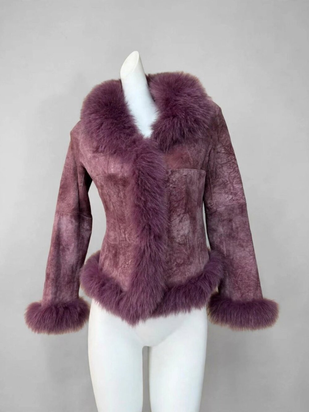 Dusty Purple Genuine Leather Jacket with Fur Trim - Size S